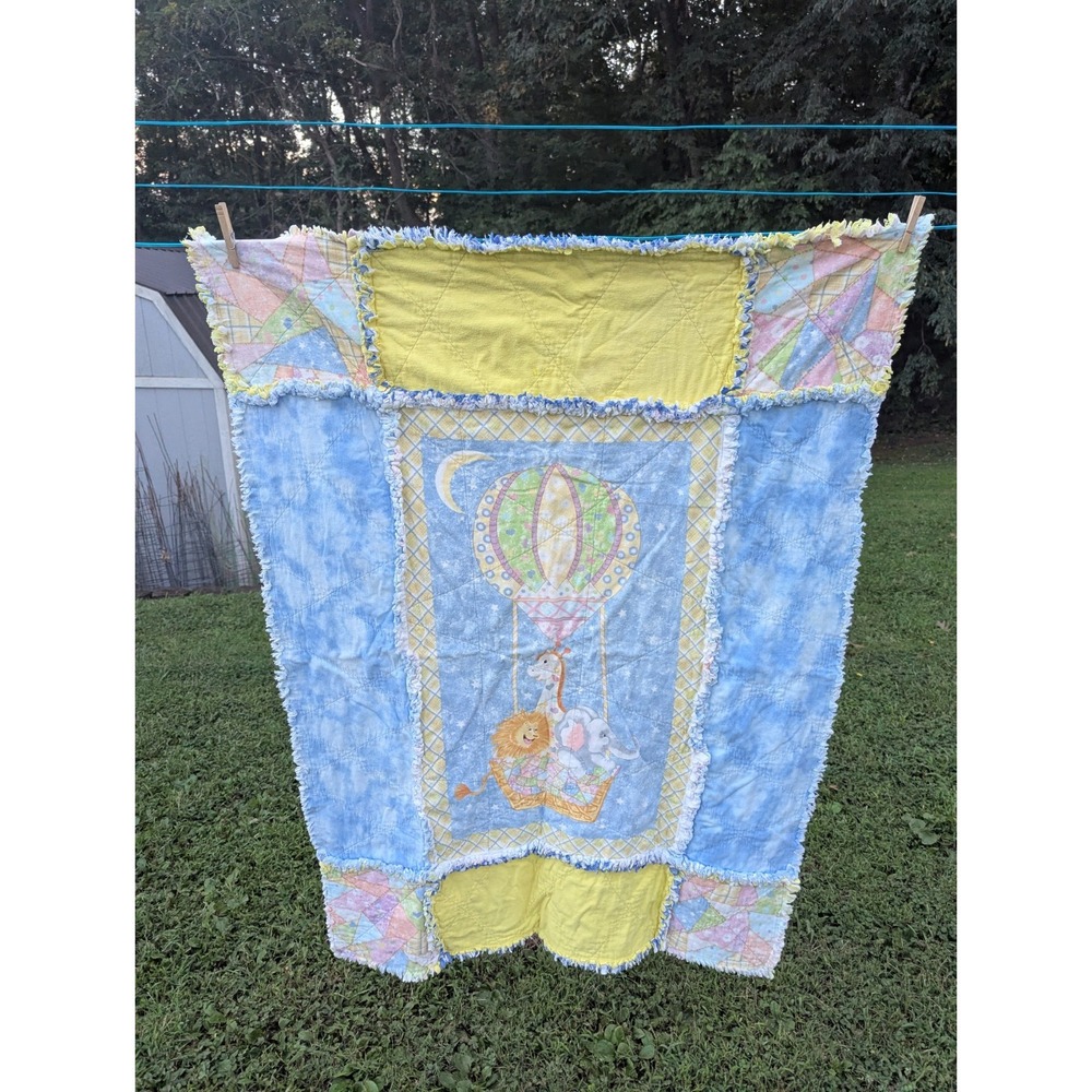Vintage Homemade Baby Blanket Hot Air Balloon Lion Giraffe Elephant Crib Blanket